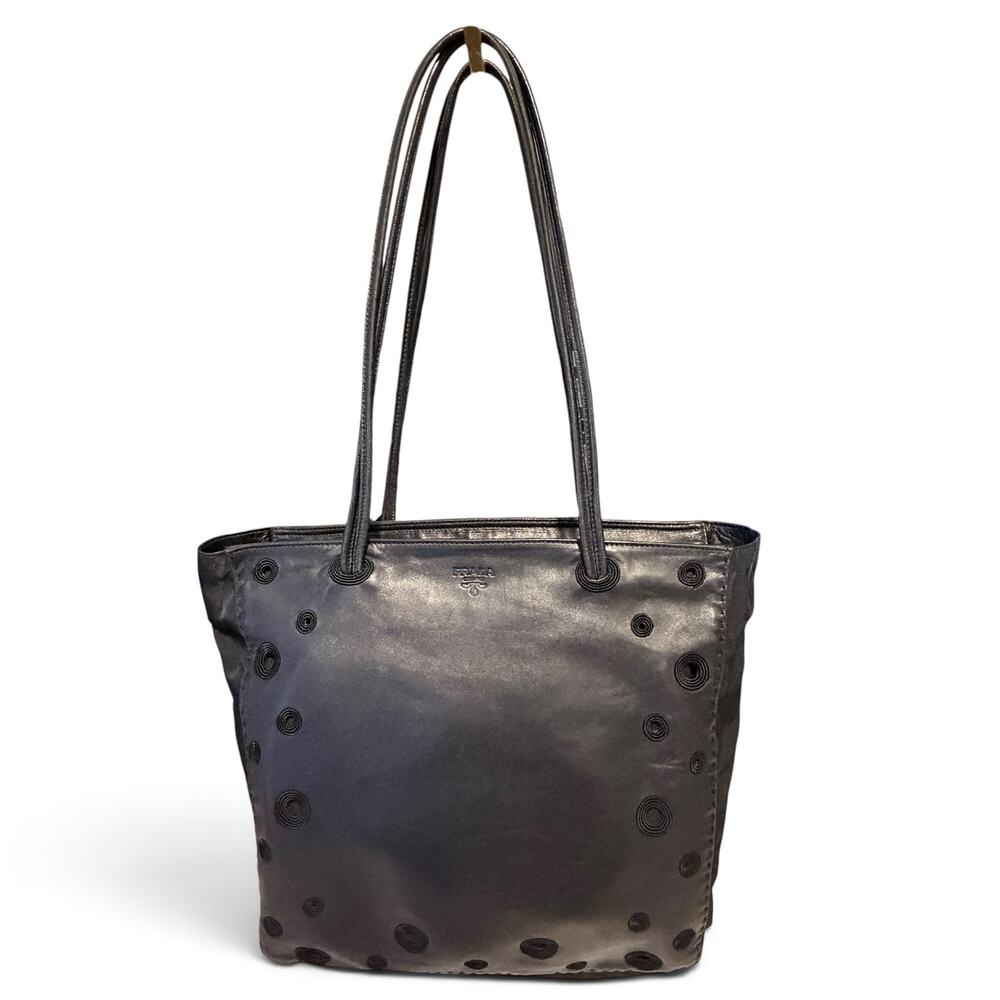 Prada Tessuto Grommet Tote Black Nylon Leather Trim Shoulder Bag w/ COA & DB